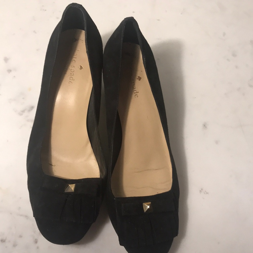 kate spade Black Suede Low Heel Pumps with Gold Stud Accent